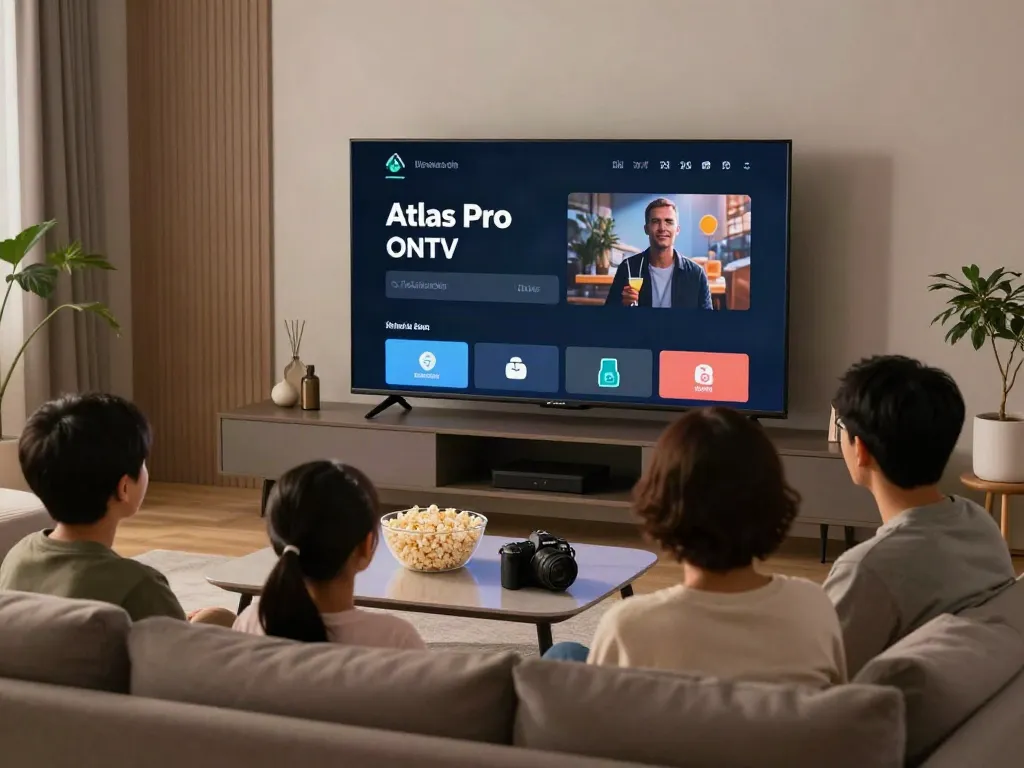 Famille utilisant l'application Atlas Pro ONTV sur un grand écran dans un salon moderne.
