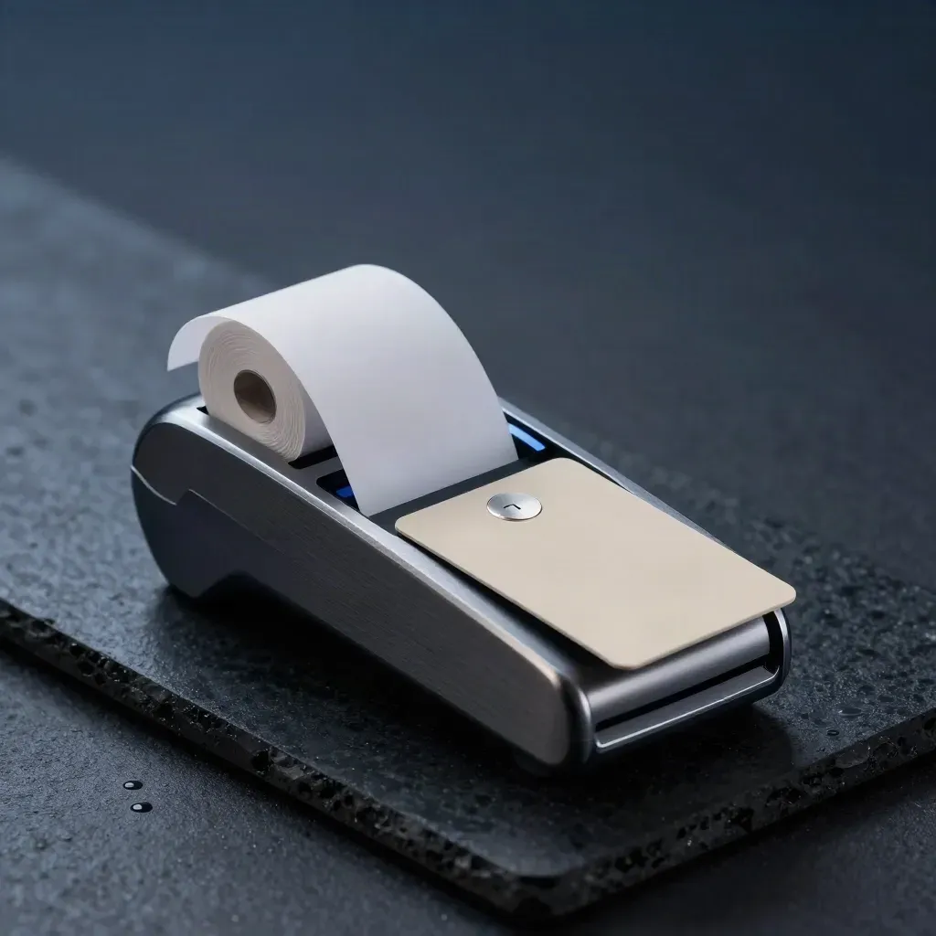 Terminal de paiement compact avec carte sans contact et rouleau de tickets sur fond sombre.
