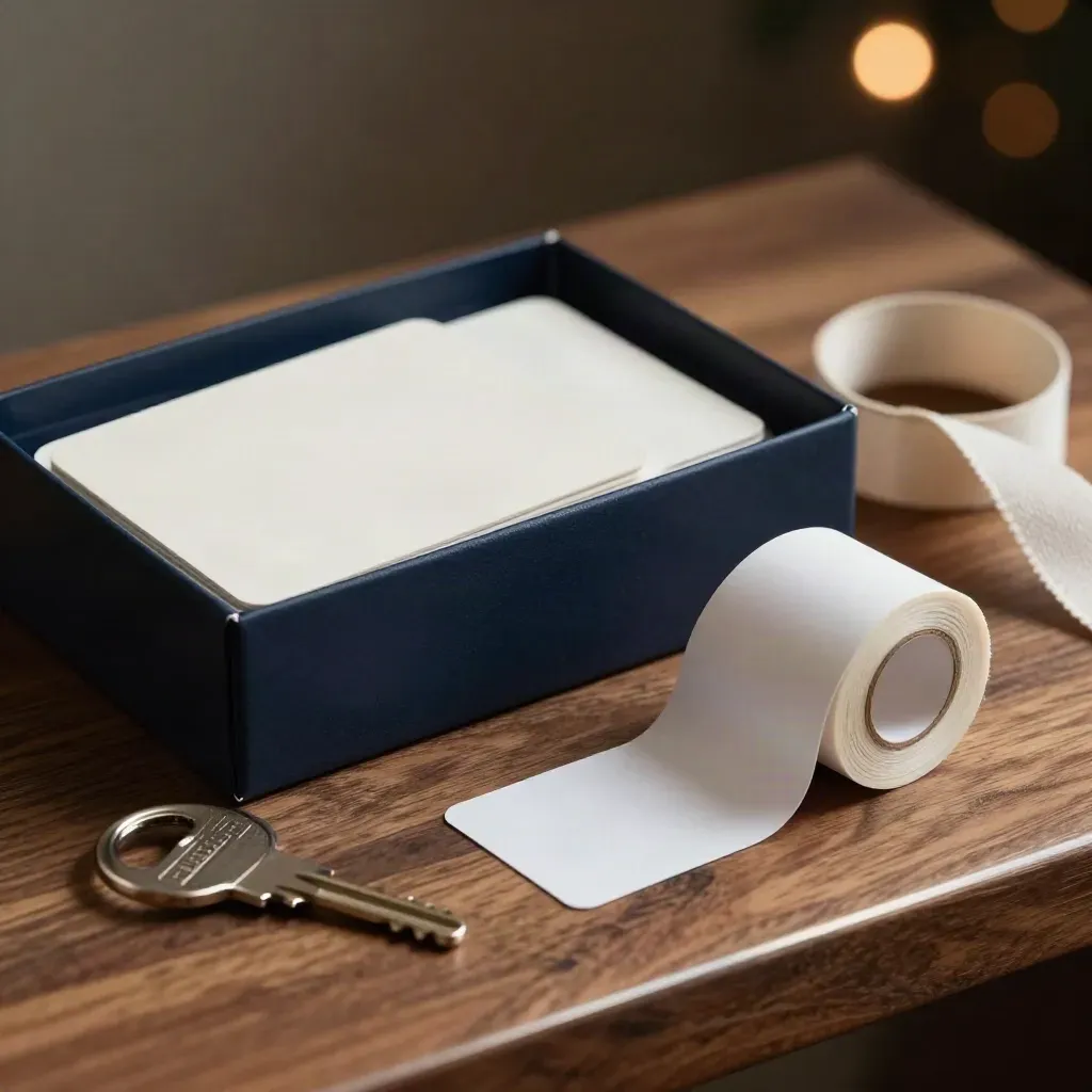 Boîte ouverte, cartes NFC vierges et ruban de lin sur bois, lumière dramatique.