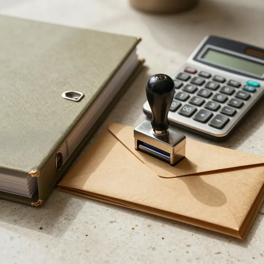 Gros plan de classeurs, tampon dateur, calculatrice et enveloppes kraft sur travertin clair.